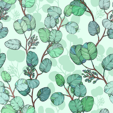 Eucalyptus leaves Seamless pattern, Botanical illustration.のイラスト素材