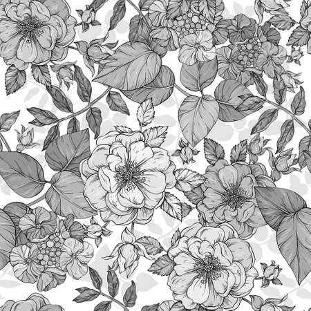 Black and white summer floral seamless pattern with rosesの写真素材