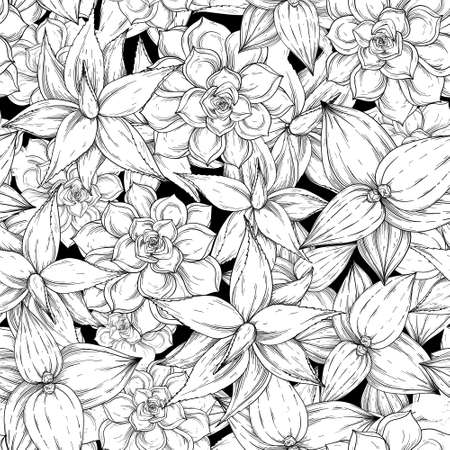 Seamless pattern with aloe, cactus, Foliage and branch. Floral illustration. Black and whiteのイラスト素材