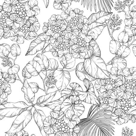 Seamless pattern. Vector hydrangea design. Black and whiteの写真素材