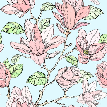 Beautiful pattern with magnolia flowers plants. Pastel paletteのイラスト素材