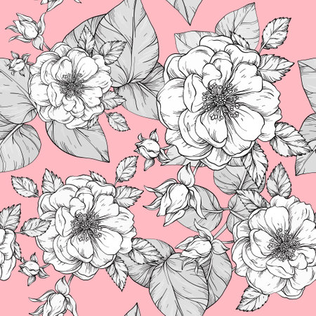 Pink floral seamless pattern with white rosesのイラスト素材