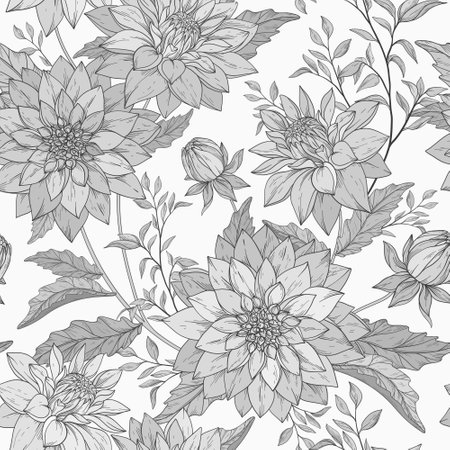 Seamless pattern with hand drawn monochrome gray chrysanthemums.のイラスト素材