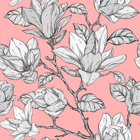 Beautiful seamless pattern with magnolia flowers plants on pink background.のイラスト素材