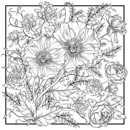Vintage floral design. Illustration with red Poppies and roses, summer flowers. Floral design. Black and whiteのイラスト素材