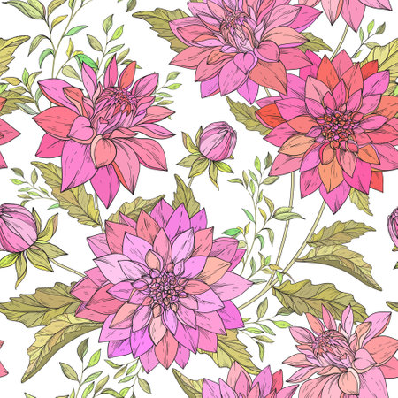 Vector seamless pattern with pink chrysanthemum flowersのイラスト素材