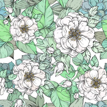 Summer floral seamless pattern with white rosesのイラスト素材