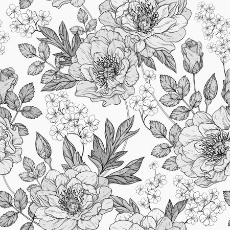 Seamless monochrome gray floral pattern with peony flowers.のイラスト素材