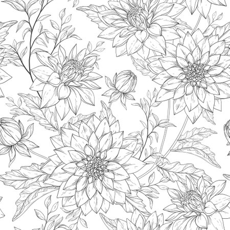 Seamless pattern with hand drawn chrysanthemums. Black and whiteのイラスト素材