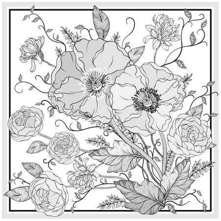 Vintage monochrome floral design. Illustration with red Poppies and roses, summer flowers. Floral design.のイラスト素材