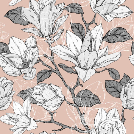 Seamless pattern with magnolias, beige colorのイラスト素材