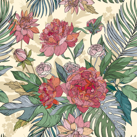 Seamless pattern. Peonies, roses, chrysanthemumsのイラスト素材
