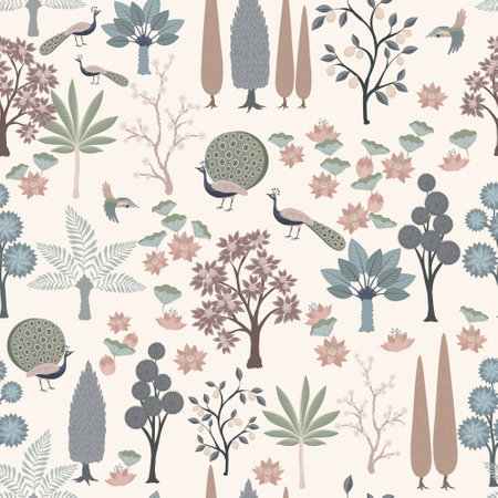garden with trees, palms, lotus, peacocのイラスト素材