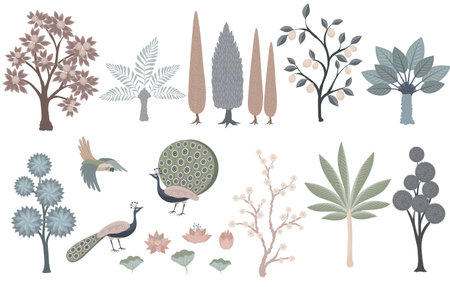 Mughal garden, palms, lotus, peacock setのイラスト素材