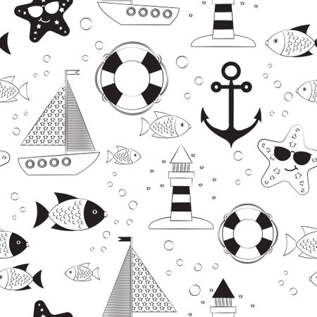 Pattern with ships, lighthouse. Black and whiteのイラスト素材