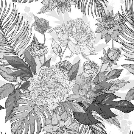Pattern with Peonies, roses, chrysanthemumsのイラスト素材