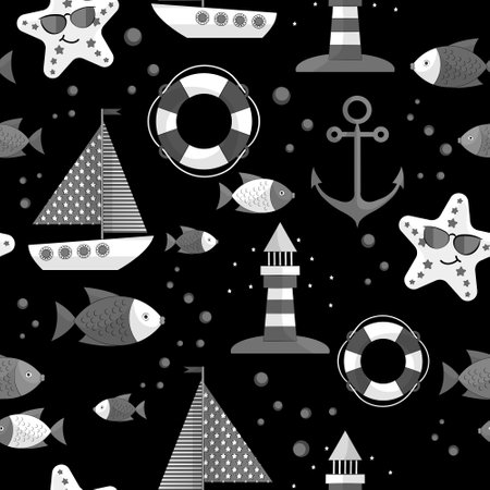 Pattern with ships, monochrome black colorのイラスト素材