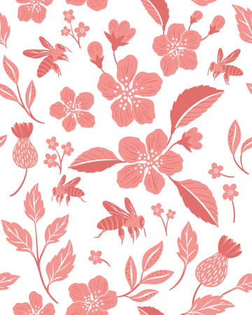 Pattern with Cherry blossom and beesのイラスト素材
