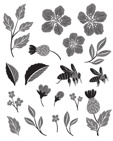 Set of Cherry blossom and beesのイラスト素材