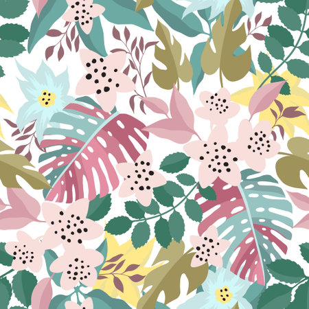 Seamless pattern with tropical pastel flowersのイラスト素材