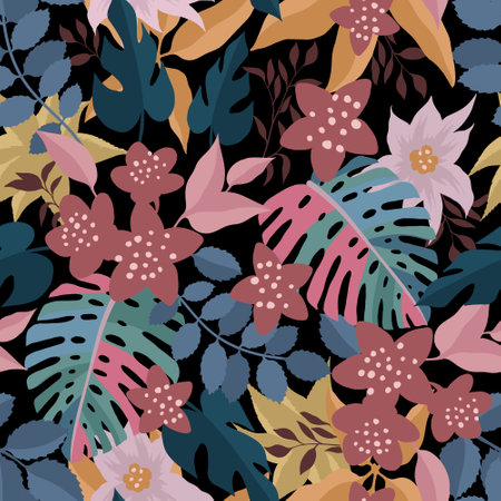 Pattern with tropical flowers on black backgroundのイラスト素材