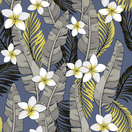 pattern of palm and banana leaves and plumeriaのイラスト素材