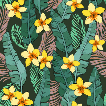 pattern of banana leaves and plumeriaのイラスト素材