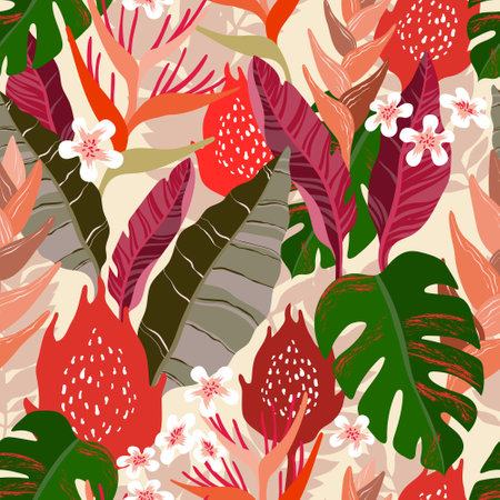 Seamless pattern with leaves, flowers, plantsのイラスト素材