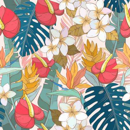 Tropical pattern with exotic flowers and leavesのイラスト素材