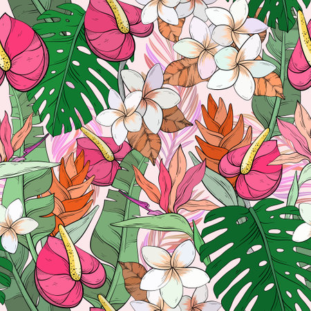 Tropical pattern with bright flowers and leavesのイラスト素材