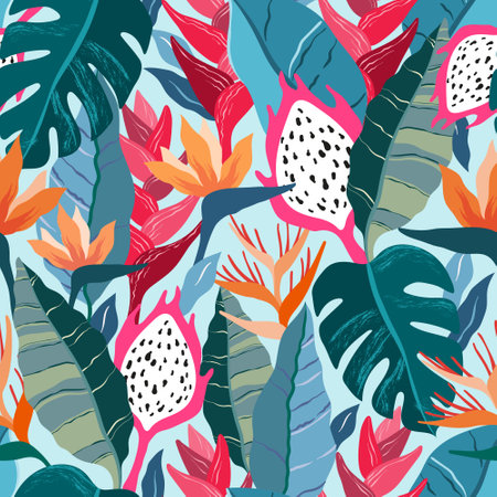Pattern with Dragon Fruit, flowers, plantsのイラスト素材