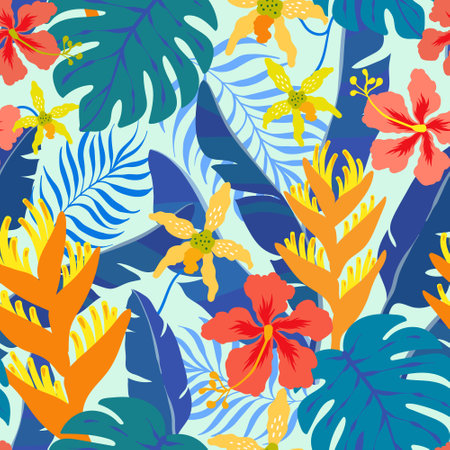 pattern with tropical plants and hibiscus flowersのイラスト素材