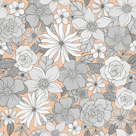 floral pattern with wild flowers, monochromeのイラスト素材