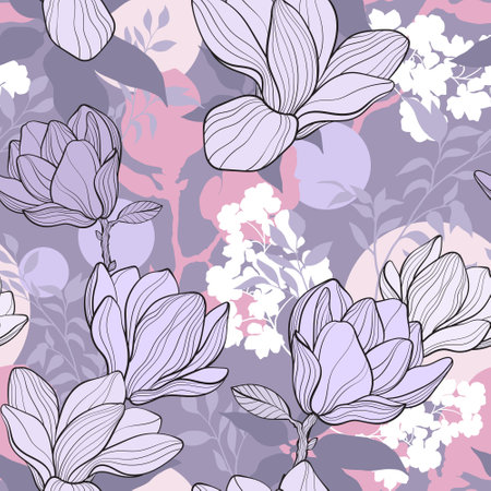 pattern with Magnolia flowers, lilac pastel colorsのイラスト素材