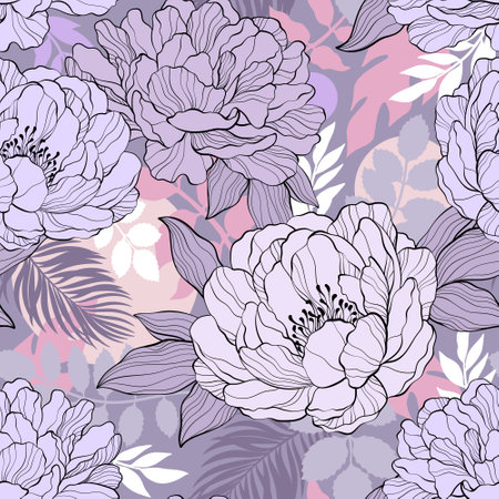 Abstract pattern with Peony, lilac pastel colors.のイラスト素材