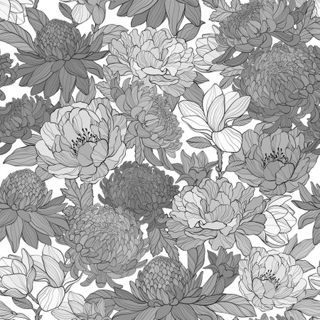 Seamless monochrome pattern with various flowers.の写真素材