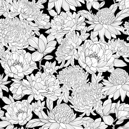 Seamless black and white pattern with various flowers.の写真素材