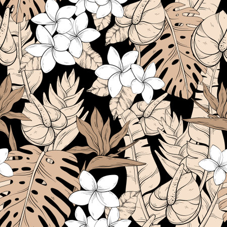 Tropical pattern with beige flowers on blackの写真素材