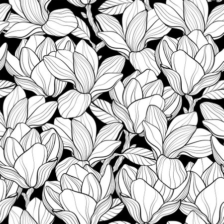 outline seamless pattern with Magnolia flowersのイラスト素材