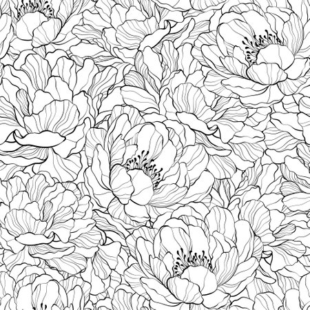 Outline seamless pattern design with peony flower.のイラスト素材