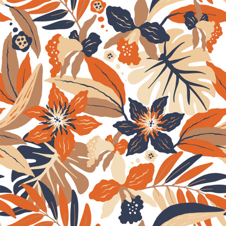 abstract pattern with Tropical leaves, flowersのイラスト素材