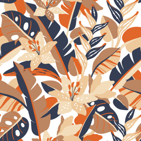 abstract pattern with Tropical leaves, flowersのイラスト素材
