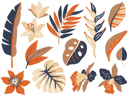 Tropical leaves, lily and orchid flowers.のイラスト素材