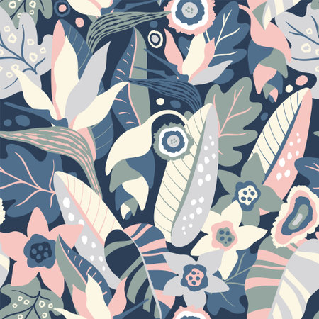Jungle plants and Bird of Paradise flowers patternのイラスト素材