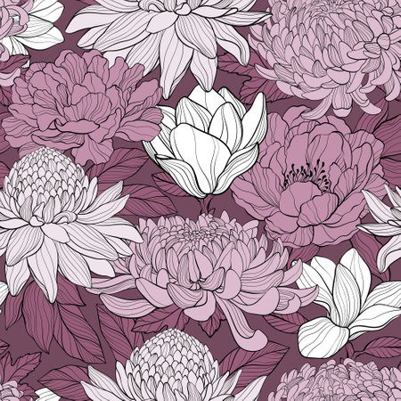 Pattern with Peony, chrysantea, magnolia, gingerのイラスト素材