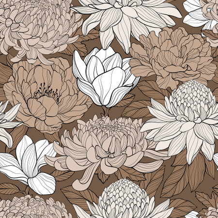Pattern with Peony, chrysantea, magnolia, gingerのイラスト素材