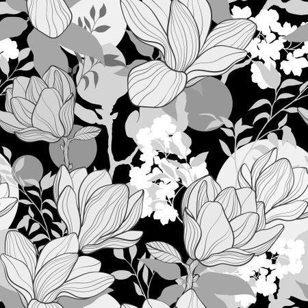 pattern with Magnolia flowers, black and whiteのイラスト素材