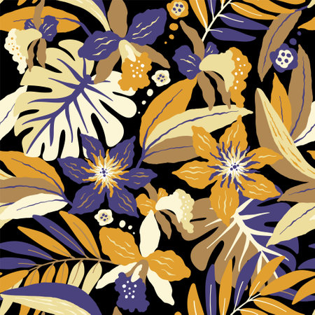 pattern with Tropical leaves on black backgroundのイラスト素材