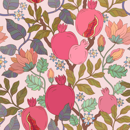 Pomegranate leaf and flowers pattern.のイラスト素材