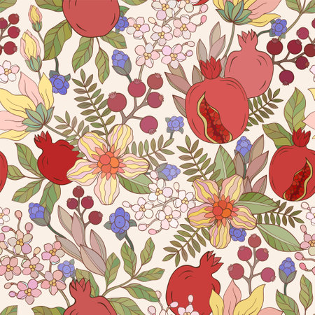 Pomegranate leaf and flowers pattern.のイラスト素材